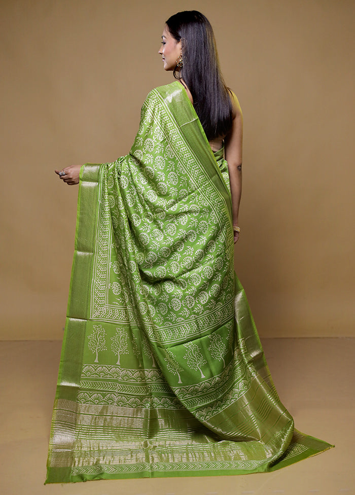 Green Chanderi Cotton Saree With Blouse Piece