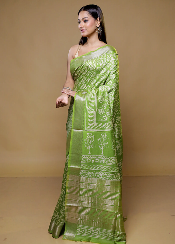 Green Chanderi Cotton Saree With Blouse Piece