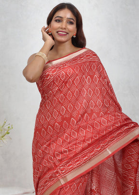 Red Chanderi Cotton Saree Without Blouse Piece - Indian Silk House Agencies