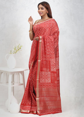 Red Chanderi Cotton Saree Without Blouse Piece - Indian Silk House Agencies