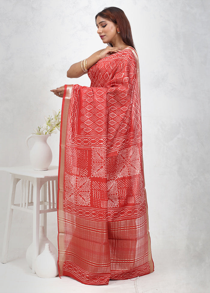 Red Chanderi Cotton Saree Without Blouse Piece - Indian Silk House Agencies