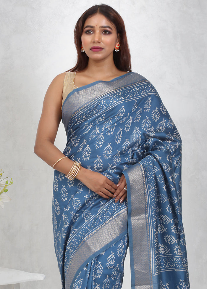 Blue Chanderi Cotton Saree Without Blouse Piece - Indian Silk House Agencies