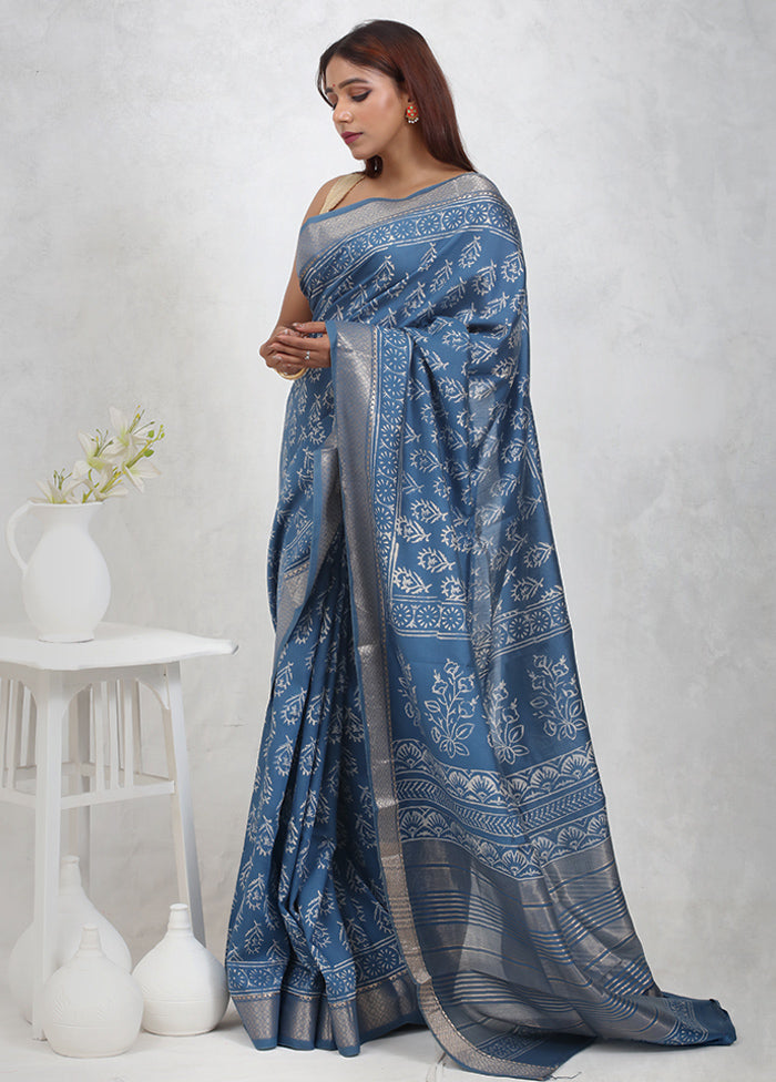 Blue Chanderi Cotton Saree Without Blouse Piece - Indian Silk House Agencies