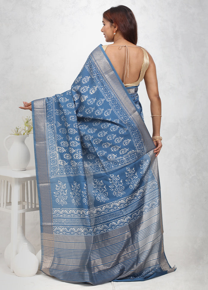 Blue Chanderi Cotton Saree Without Blouse Piece - Indian Silk House Agencies