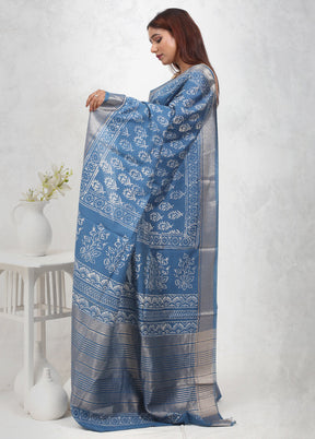 Blue Chanderi Cotton Saree Without Blouse Piece - Indian Silk House Agencies