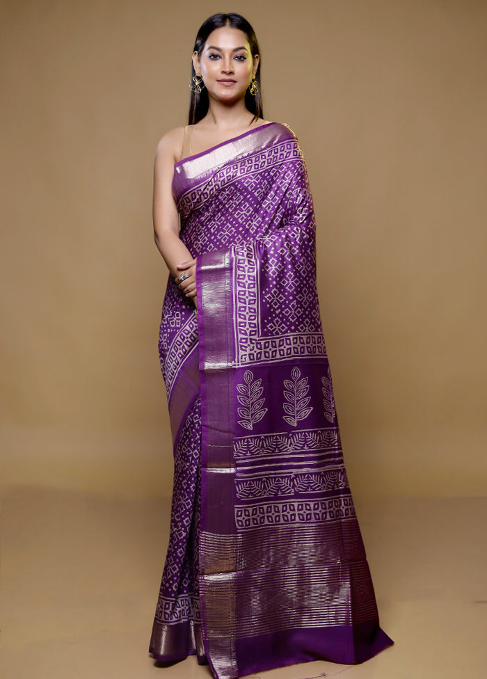 Purple Chanderi Cotton Saree With Blouse Piece