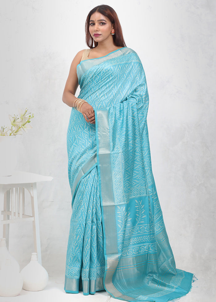 Blue Chanderi Cotton Saree Without Blouse Piece - Indian Silk House Agencies