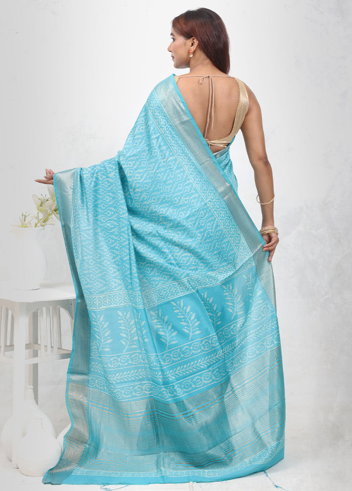 Blue Chanderi Cotton Saree Without Blouse Piece - Indian Silk House Agencies