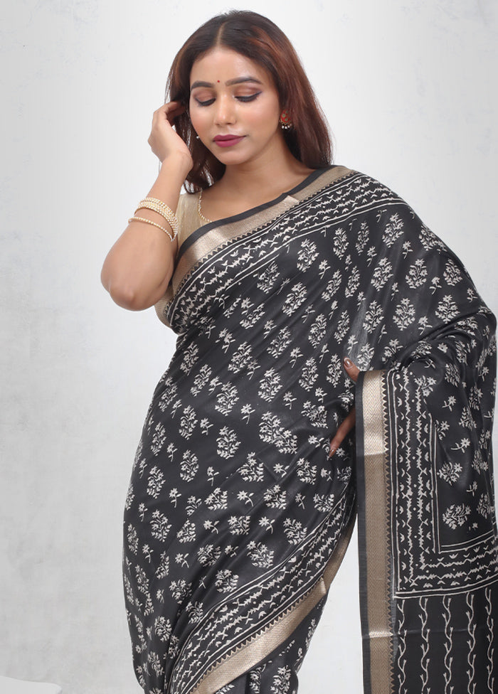 Black Chanderi Cotton Saree Without Blouse Piece - Indian Silk House Agencies