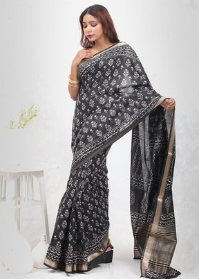 Black Chanderi Cotton Saree Without Blouse Piece - Indian Silk House Agencies