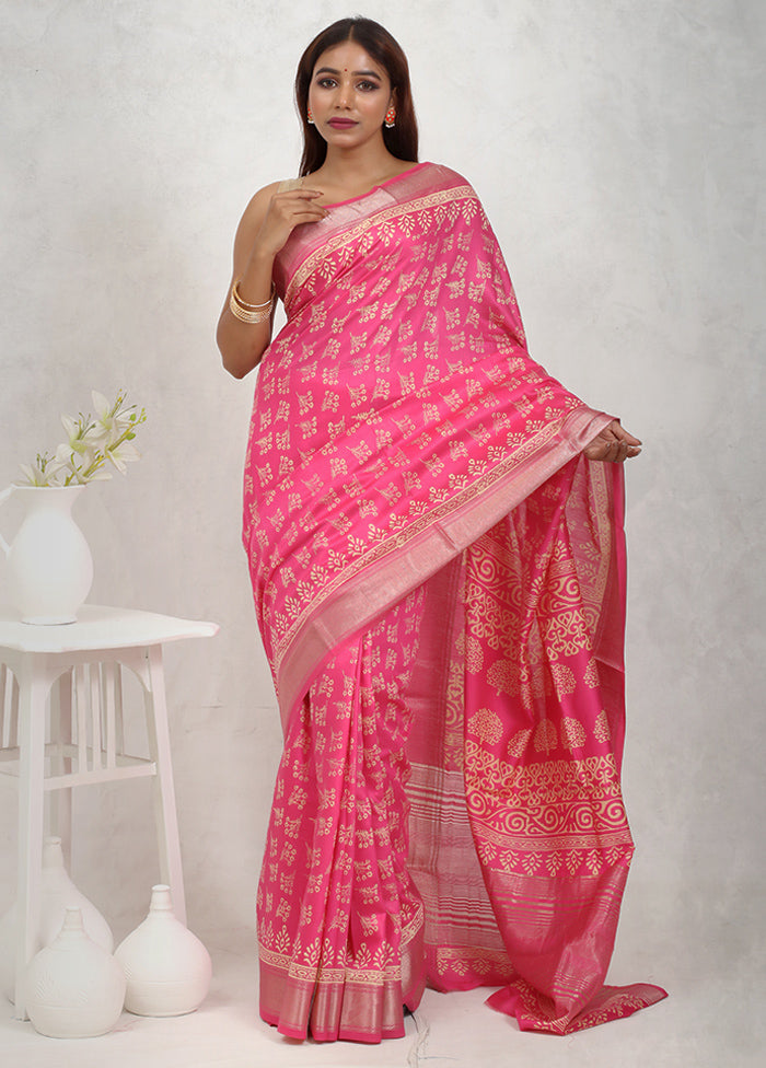 Pink Chanderi Cotton Saree Without Blouse Piece - Indian Silk House Agencies