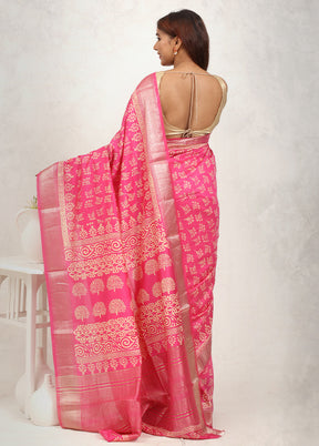 Pink Chanderi Cotton Saree Without Blouse Piece - Indian Silk House Agencies