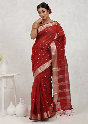 Red Cotton Saree Without Blouse Piece - Indian Silk House Agencies