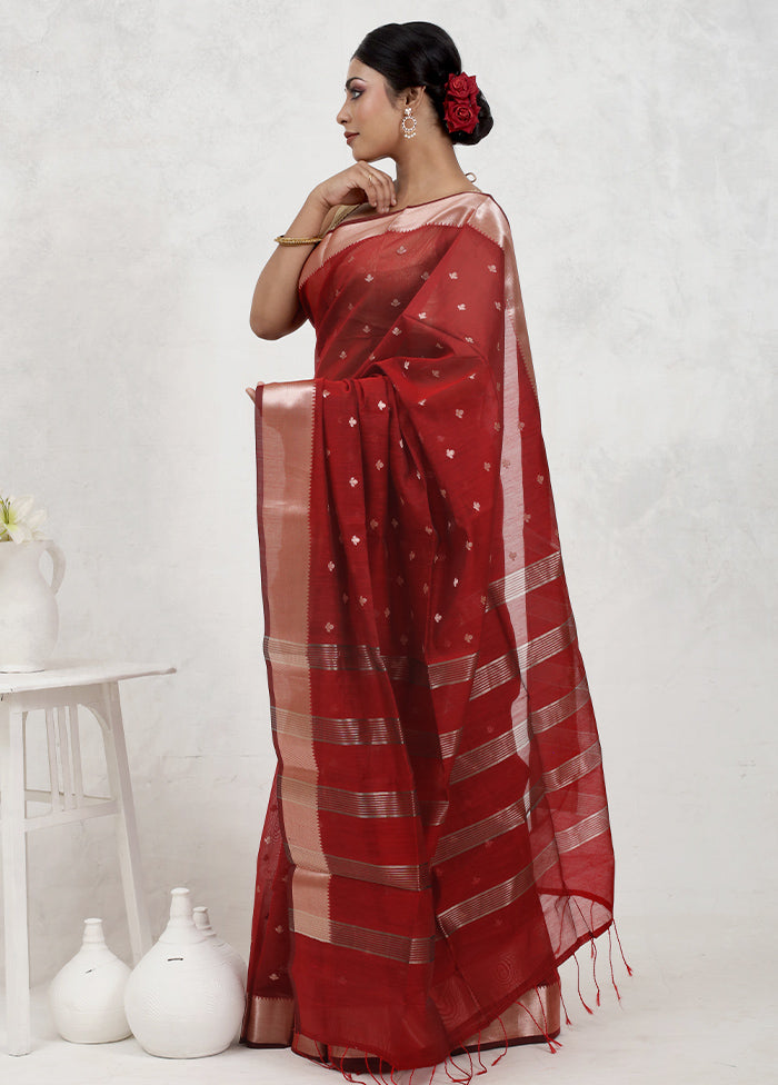 Red Cotton Saree Without Blouse Piece - Indian Silk House Agencies