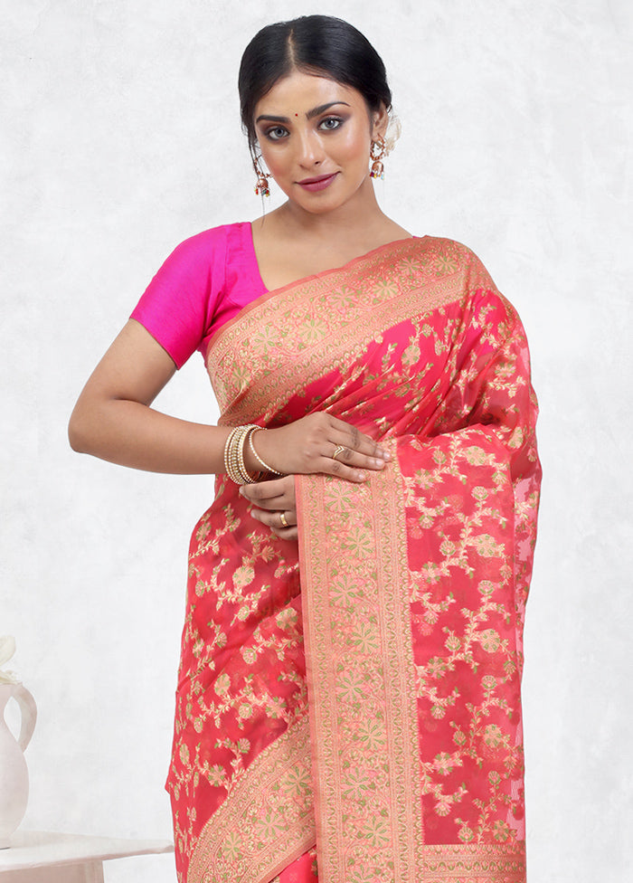 Pink Organza Saree Without Blouse Piece - Indian Silk House Agencies