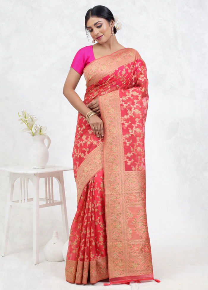 Pink Organza Saree Without Blouse Piece - Indian Silk House Agencies