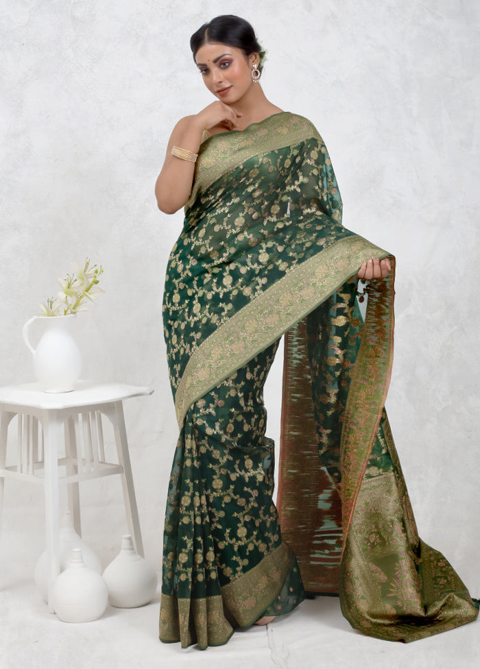 Green Organza Saree Without Blouse Piece - Indian Silk House Agencies