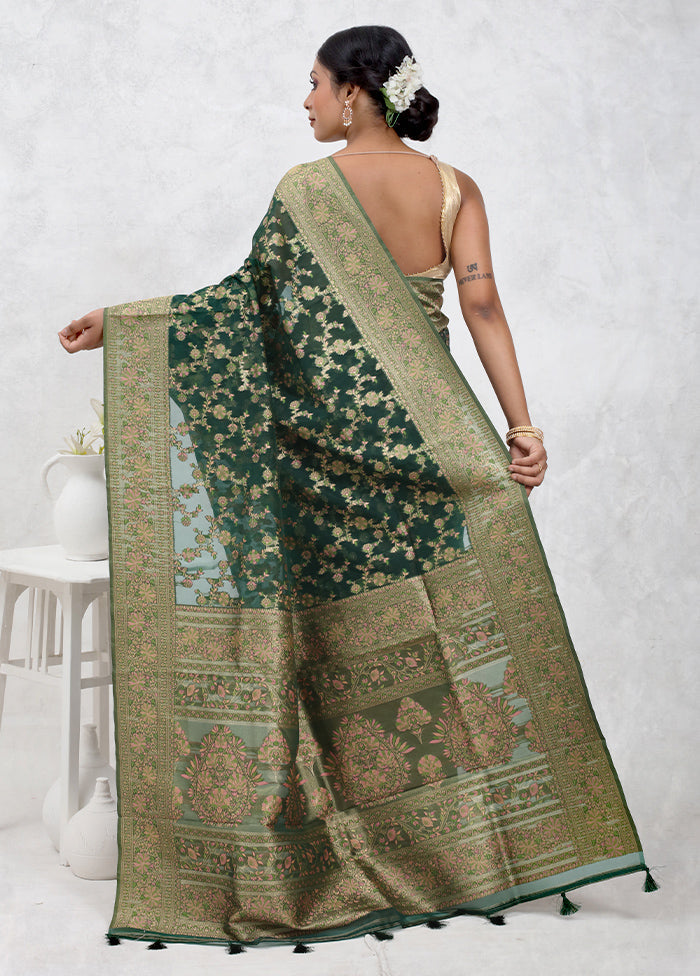 Green Organza Saree Without Blouse Piece - Indian Silk House Agencies