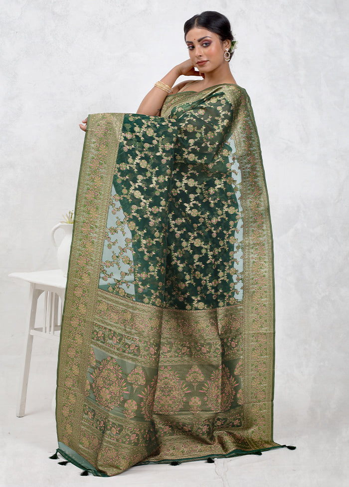 Green Organza Saree Without Blouse Piece - Indian Silk House Agencies