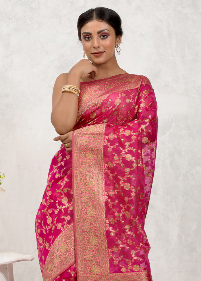 Pink Organza Saree Without Blouse Piece - Indian Silk House Agencies