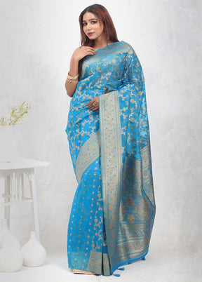 Blue Organza Saree Without Blouse Piece - Indian Silk House Agencies