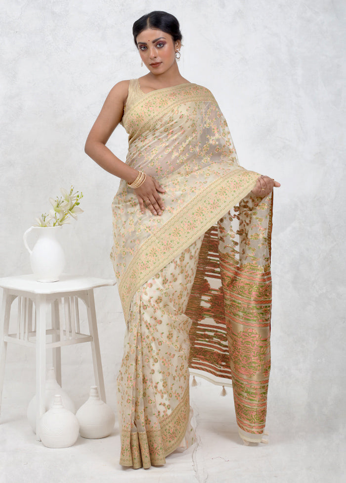 Cream Organza Saree Without Blouse Piece - Indian Silk House Agencies