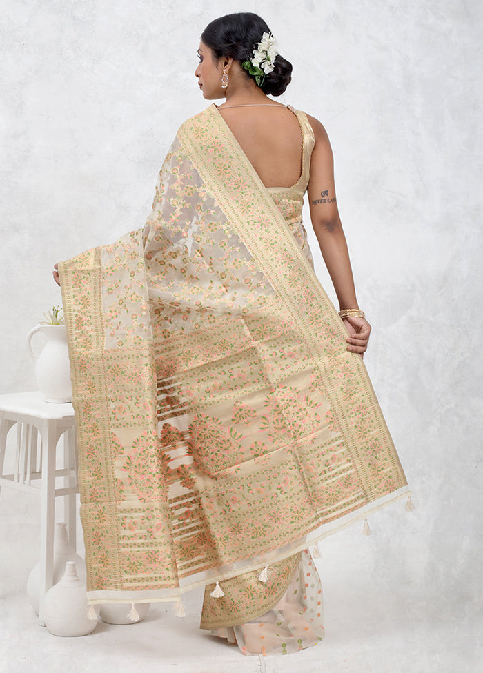 Cream Organza Saree Without Blouse Piece - Indian Silk House Agencies