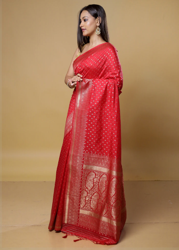 Red Dupion Silk Saree With Blouse Piece