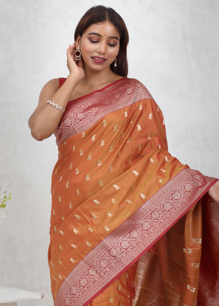 Orange Dupion Silk Saree Without Blouse Piece - Indian Silk House Agencies