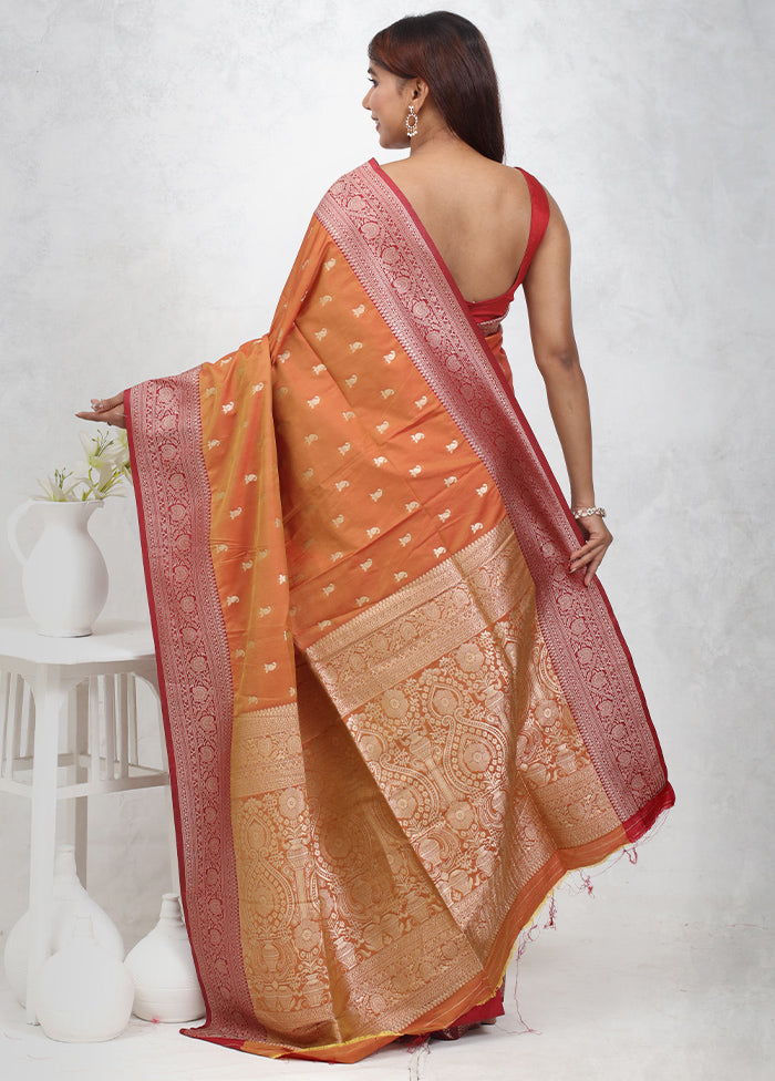 Orange Dupion Silk Saree Without Blouse Piece - Indian Silk House Agencies