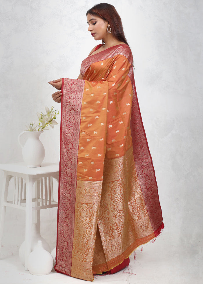 Orange Dupion Silk Saree Without Blouse Piece - Indian Silk House Agencies