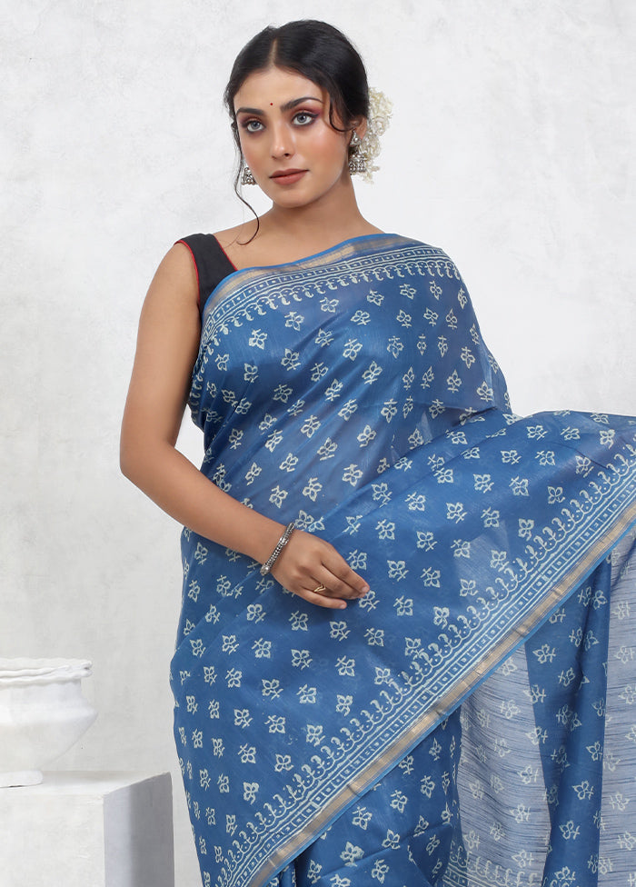 Blue Cotton Saree With Blouse Piece