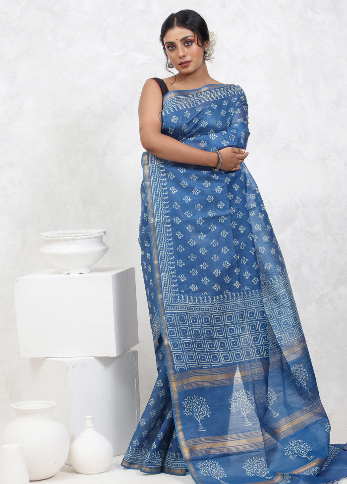 Blue Cotton Saree With Blouse Piece