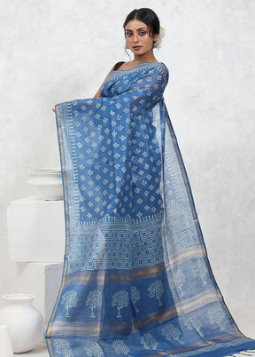 Blue Cotton Saree With Blouse Piece