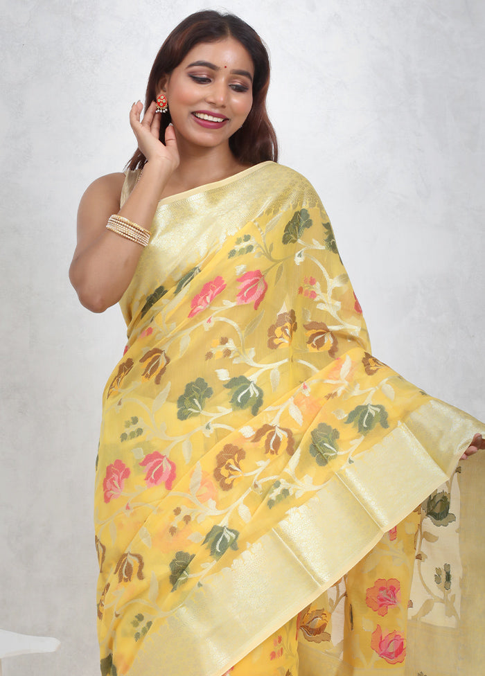 Yellow Kora Silk Saree Without Blouse Piece - Indian Silk House Agencies