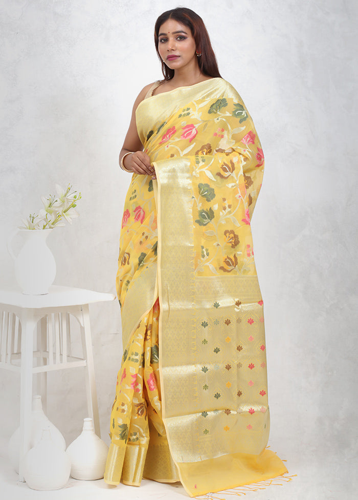 Yellow Kora Silk Saree Without Blouse Piece - Indian Silk House Agencies