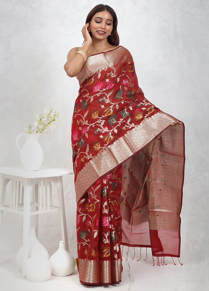 Maroon Kora Silk Saree Without Blouse Piece - Indian Silk House Agencies