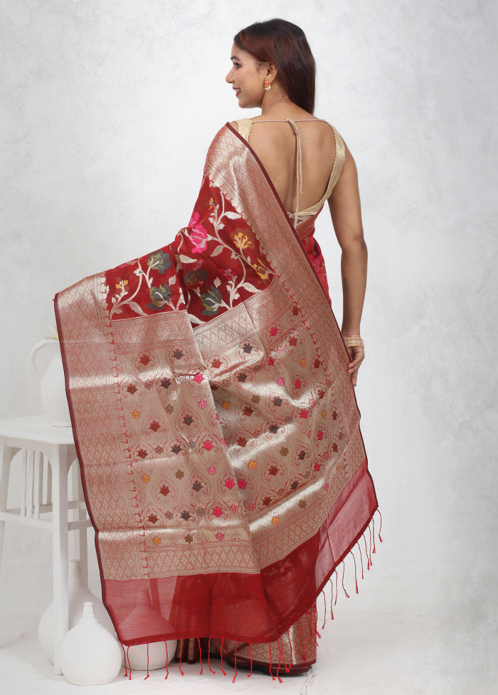 Maroon Kora Silk Saree Without Blouse Piece - Indian Silk House Agencies