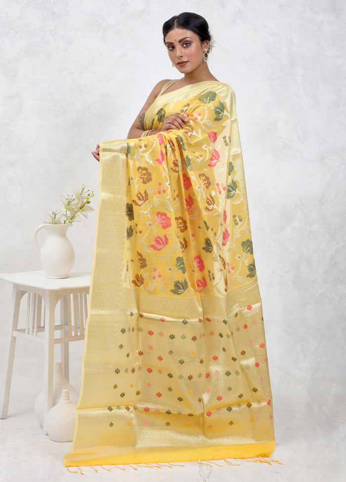 Yellow Kora Silk Saree With Blouse Piece
