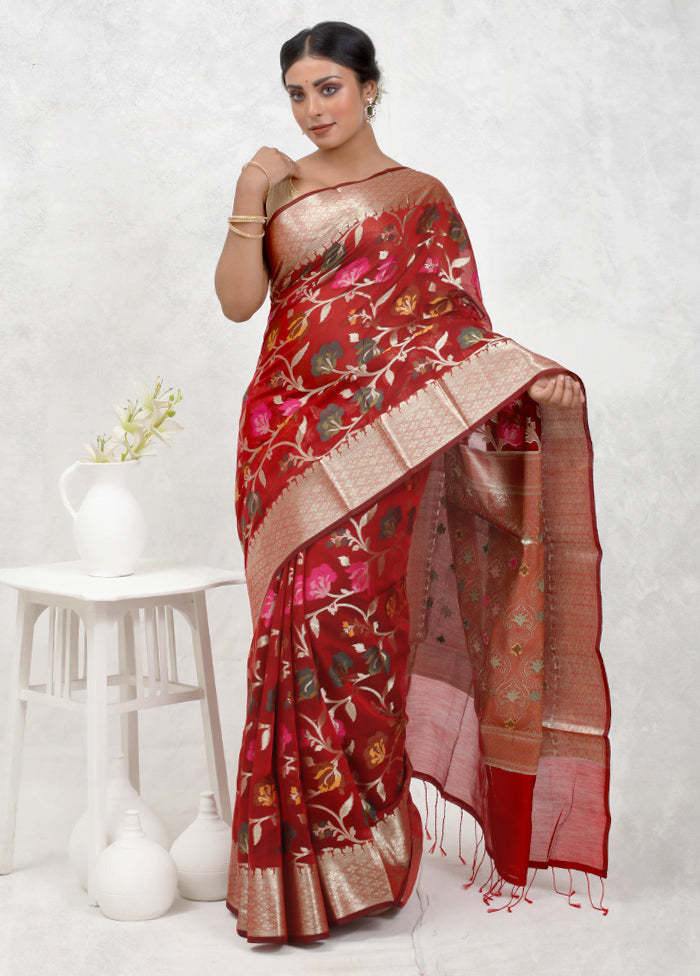 Red Kora Silk Saree Without Blouse Piece