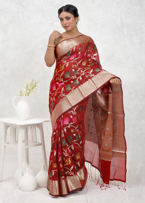 Red Kora Silk Saree Without Blouse Piece - Indian Silk House Agencies