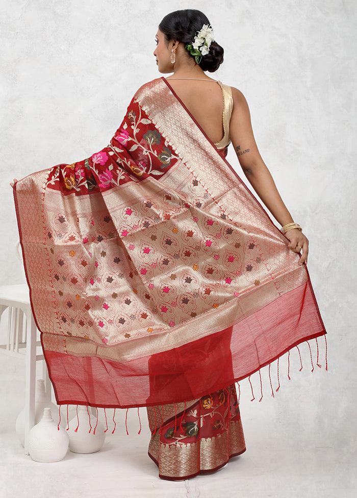 Red Kora Silk Saree Without Blouse Piece - Indian Silk House Agencies