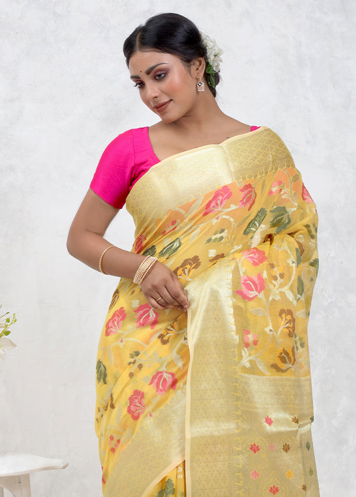 Yellow Kora Silk Saree Without Blouse Piece - Indian Silk House Agencies