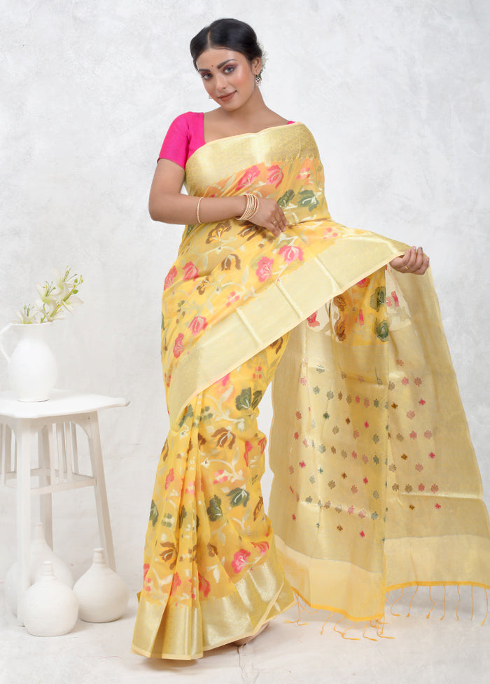 Yellow Kora Silk Saree Without Blouse Piece - Indian Silk House Agencies