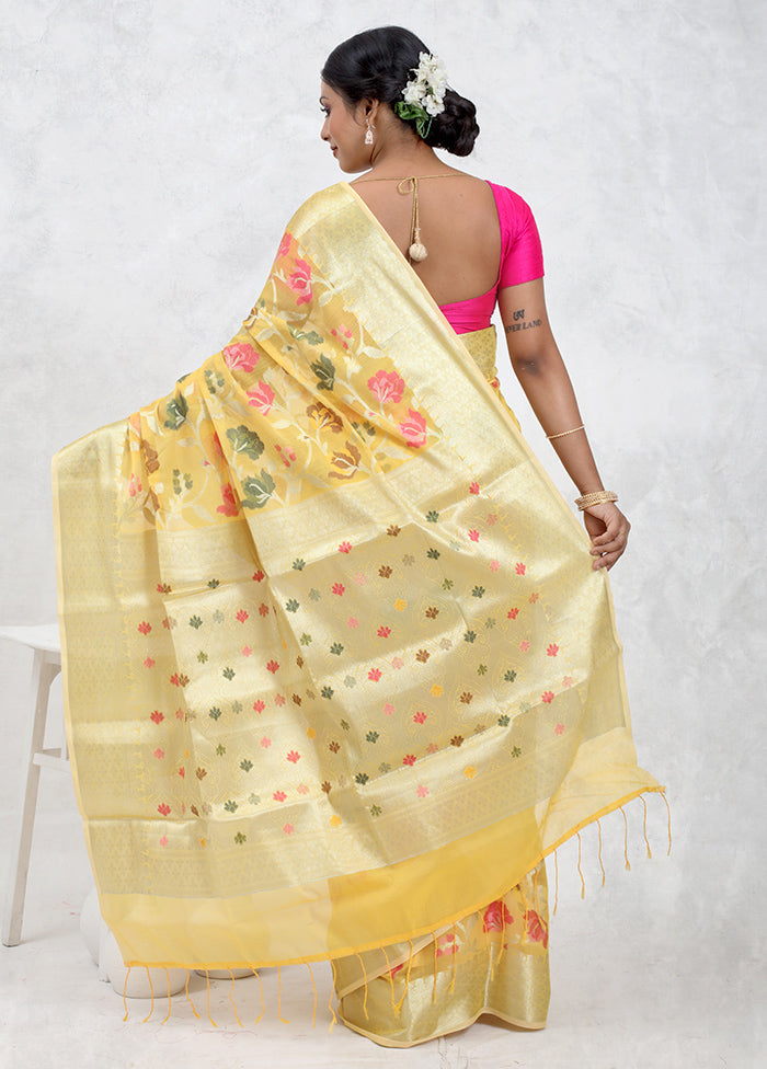 Yellow Kora Silk Saree Without Blouse Piece - Indian Silk House Agencies