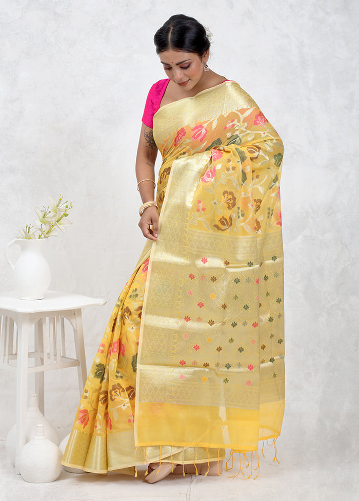 Yellow Kora Silk Saree Without Blouse Piece - Indian Silk House Agencies