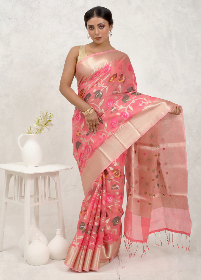 Pink Kora Silk Saree With Blouse Piece