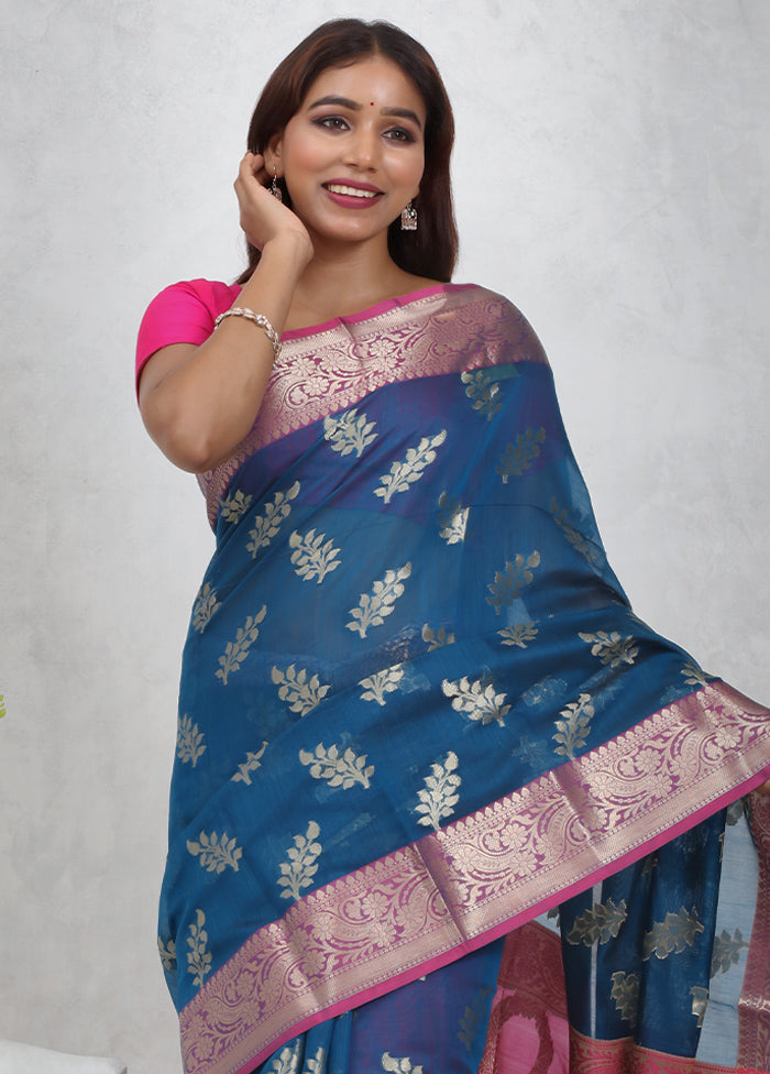 Blue Kora Silk Saree Without Blouse Piece - Indian Silk House Agencies