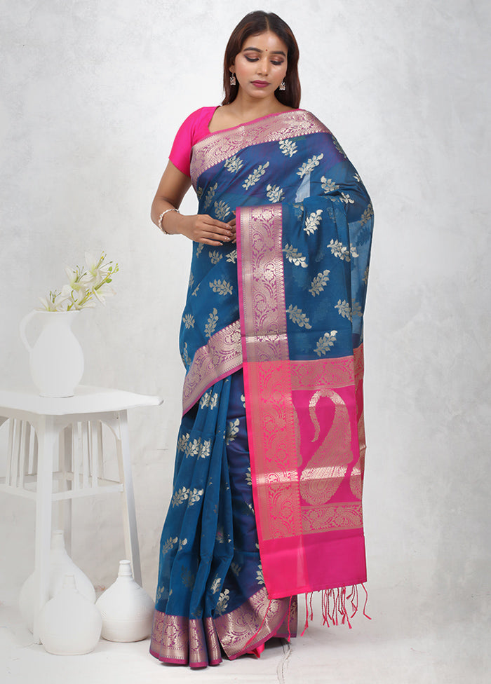 Blue Kora Silk Saree Without Blouse Piece - Indian Silk House Agencies