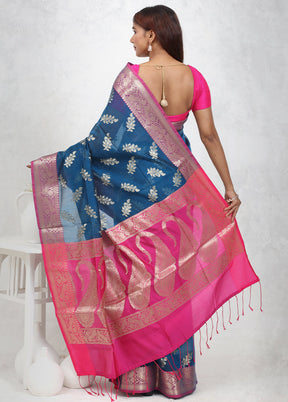 Blue Kora Silk Saree Without Blouse Piece - Indian Silk House Agencies